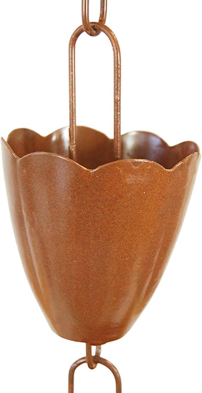 BestNest Ancient Graffiti Scalloped Rain Chain, Browned Copper Finish, Decorative Steel Rainwater Guide for Downspouts, Fluted Cup Chain with Adjustable Length for Gutters & Garden Waterflow