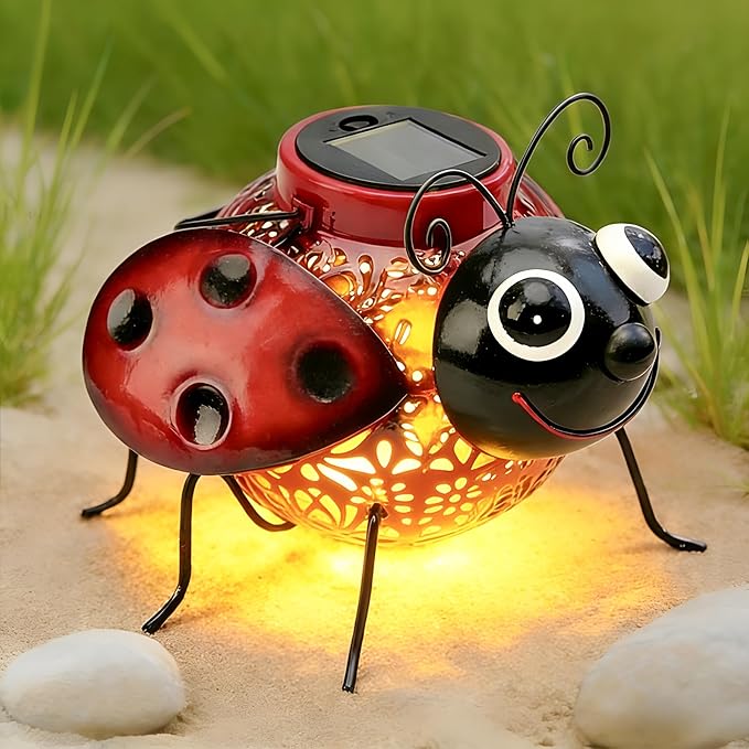 Teaeeno Ladybug Solar Lantern Pattern Light, Hanging Waterproof LED Solar Lights Outdoor Decorative,Sun-Powered Tabletop Lanterns,Metal Solar-Powered Lantern Outdoor