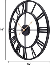 16 Inch Large Outdoor Wall Clock, Black Metal Modern Minimalist Battery Operated Silent Clock for Patio, Pool, Garden, Living Room, Kitchen, Office, Bedroom Decor with Easy to Read Numbers