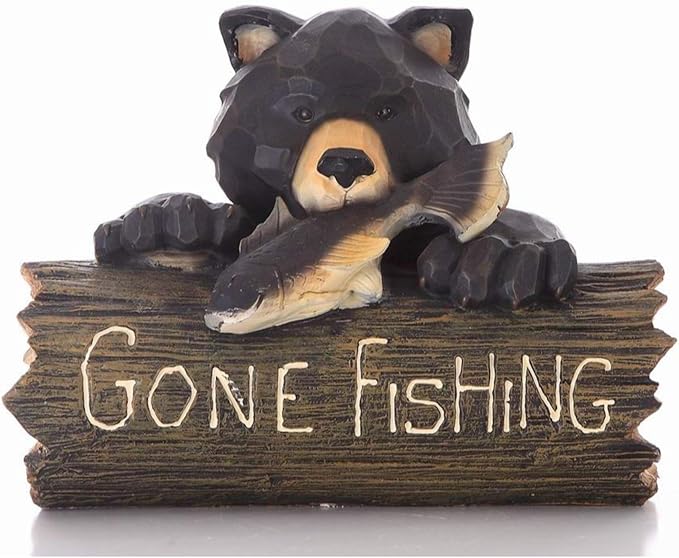 HI-LINE Bear with Gone Fishing Sign Outdoor Garden Statue - 12.25" - Black