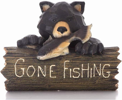 HI-LINE Bear with Gone Fishing Sign Outdoor Garden Statue - 12.25" - Black