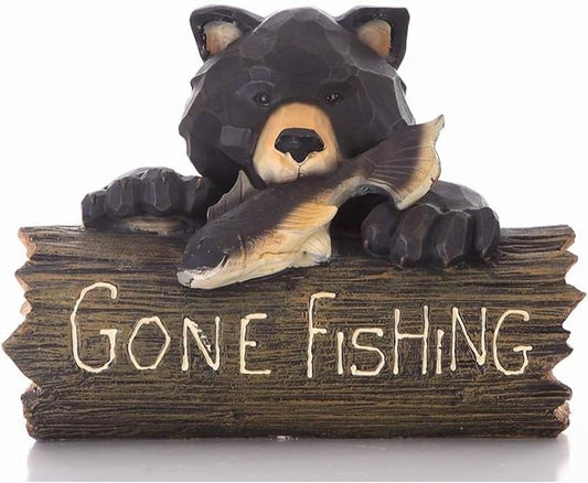 HI-LINE Bear with Gone Fishing Sign Outdoor Garden Statue - 12.25" - Black