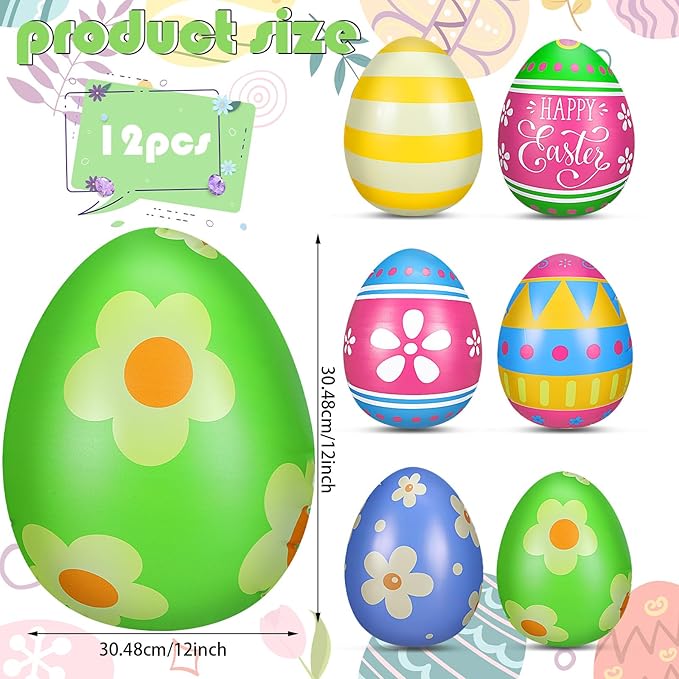 Jetec 12 Pcs Inflatable Easter Eggs Decorations 12 Inch Easter Inflatables Outdoor Decor PVC Large Outdoor Colorful Eggs Bunny Blow up Yard Ornaments for Yard Lawn Garden Party(Vibrant)