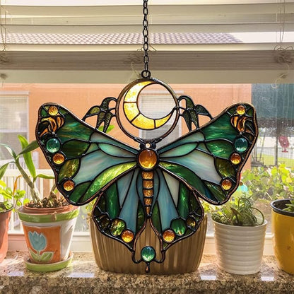 Cresent Moon Luna Moth Acrylic Suncatcher Stained Glass Effect Window Car Hanging Christmas Ornament Indoor Outdoor Decor Garden Sun Catcher Panel for Butterfly Lover for Women Mom Grandma