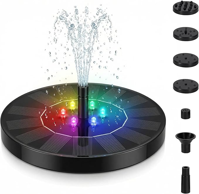 Solar Fountain for Bird Bath with Lights, Solar Bird Bath Fountains with 7 Nozzles, Outdoor Solars Water Fountain Pump for Birds Baths, Garden, Pool, Pond