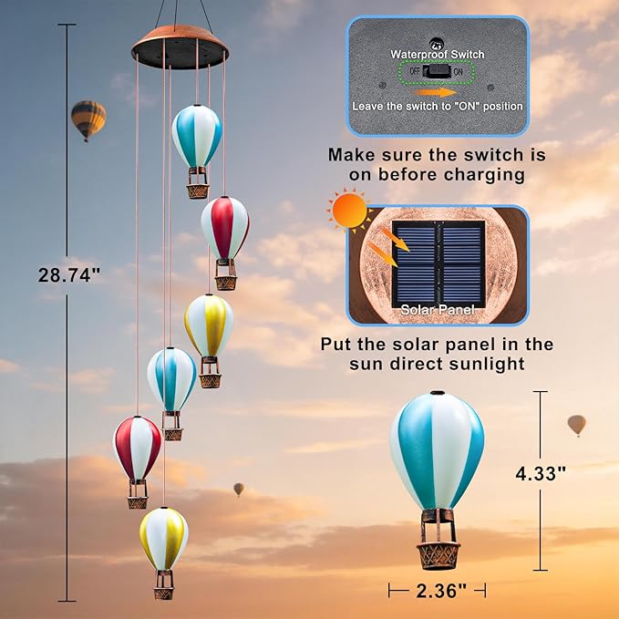 Topstor Hot Air Balloon Solar Wind Chimes for Outside - Outdoor Hanging Decor Garden Gifts for Women Mom Grandma (Stripe)