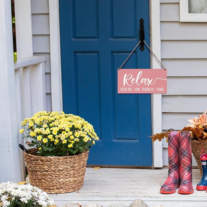 JXREQ Pink Wall Decor Door Sign Relax You're On Porch Time, Front Door Outdoor Porch Wood Hanging Sign for Home Backyard Patio, 12x6 Inch
