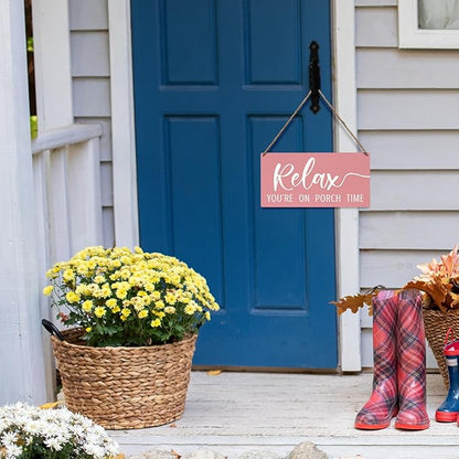 JXREQ Pink Wall Decor Door Sign Relax You're On Porch Time, Front Door Outdoor Porch Wood Hanging Sign for Home Backyard Patio, 12x6 Inch