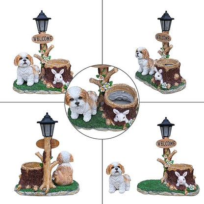 Solar Light Animal Outdoor Statue Planter with Welcome Sign, Resin Garden Sculpture Flower Pot for Patio Lawn Porch Yard Courtyard Decor, Weather-Resistant Decorative Figurine Accent (E)