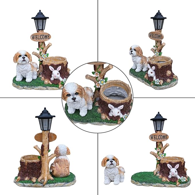 Virubi Sitting Dog Solar Lantern Planter Statue, Solar-Powered LED Lantern & Flower Pot, Weather Resistant Outdoor Decor for Patio Yard Garden Porch Path