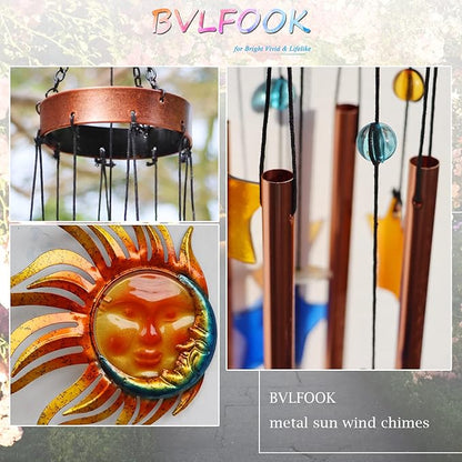 Sun with Flame Wind Chime for Outside Valentine Decoration, Aluminum Tubes with Star Shape Suncatcher, Wind Chimes Hanging for Porch Patio Balcony Decor, 37 Inch