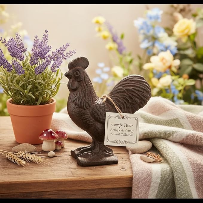 Comfy Hour 3.5" Cast Iron Rooster Figurine, Rustic Farmhouse Kitchen Decor, Vintage Brown Chicken Statue for Indoor Outdoor Garden Shelf Mantel, Country Home Office Ornament, 1 pc