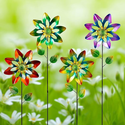 4 Pack Wind Spinners Outdoor, Colorful Small Flower Windmill, Metal Pinwheels Decorative Garden Stakes for Yard Patio Lawn Garden Decor, 27 x 7 Inches