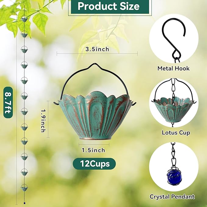 Rain Chains for Outside, 8.7FT Gutter Chain with 12 Lotus Cups Rain Catcher Chain Replacement Downspout for Gutters Eaves Drainage Decor, Bronze