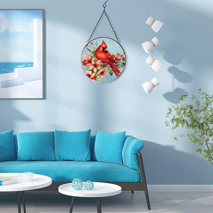 FONMY Cardinal Glass Suncatcher Window Hanging Decor., Red Cardinal Xmas Gifts for Women, Mom, Bird Lover,Red Bird Suncatchers for Windows,Home & Garden, Hand Painted Glass Christmas Ornament,(6inch)