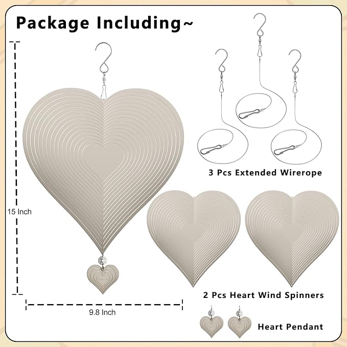 Wind Spinners, 2 Pack 10in 3D Stainless Steel Outdoor Hanging Wind Spinner with 2X Heart-Like Pendant and 3X 360° Rotating Hook, Reflective Decor for Outside Yard and Garden (2 Pack) (Heart-Like)