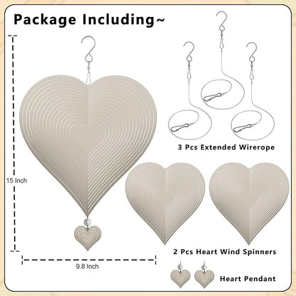 Wind Spinners, 2 Pack 10in 3D Stainless Steel Outdoor Hanging Wind Spinner with 2X Heart-Like Pendant and 3X 360° Rotating Hook, Reflective Decor for Outside Yard and Garden (2 Pack) (Heart-Like)
