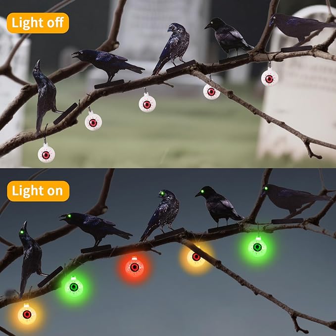 Halloween Outdoor Decor Metal Crow and Eyeball Solar Powered Lights Gothic Yard String Lights, Mini Garden Ornaments, Fence Toppers, Halloween Party and Home Decor (Set of 5)