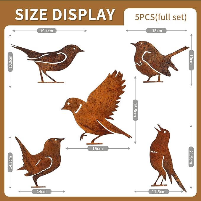 Geila 5PCS Rusty Birds Decoration, Fence Decorations Outdoor, Metal Birds Yard Decor Perfect Yard Art and Large Outdoor Ornaments (D)