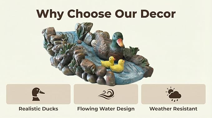 Mallard Duck Statue Splash Block Gutter Downspout Extensions Garden Decor, Decorative of Gutters Downspout Rain Concrete Pond Splash Block, Duck Family Gutter Downspout Accessory, 13.4" L x 6.3" W