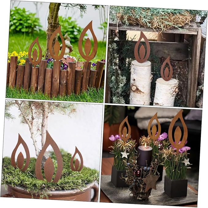 Cabilock 3pcs Metal Candle Flame Stake Rustic Iron Garden Decor for Outdoor Spaces Vintage Aesthetic Lighting for Patios and Gardens Weather-Resistant Design