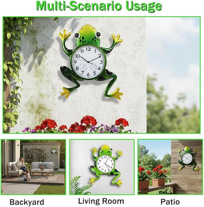 Large Outdoor Clock, Frog Outdoor Wall Clock with Thermometer & Humidity, Silent Non-Ticking Outside Clock for Patio, Living Room, Kitchen