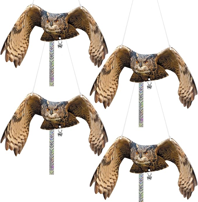 Owls to Keep Birds Away: 4 Pack Fake Owls with Reflective Tape for Garden Patio Tree, Bird Scare Reflective Hanging Decoration to Keep Birds Pigeon from Windows Tree Garden