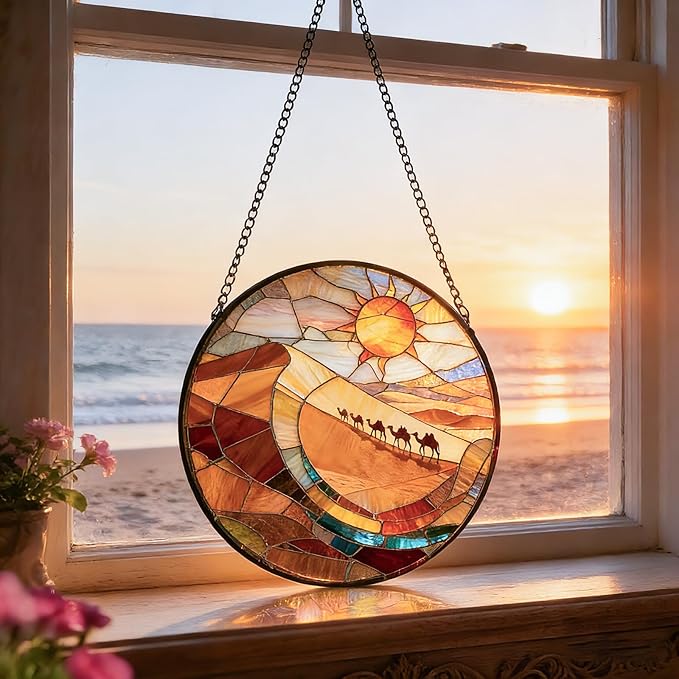 7.8 Inch Stained Glass Window Hanging Desert and Camel Suncatcher Decor for Birthday for Women, Men, Wife, Aunt, and Mom