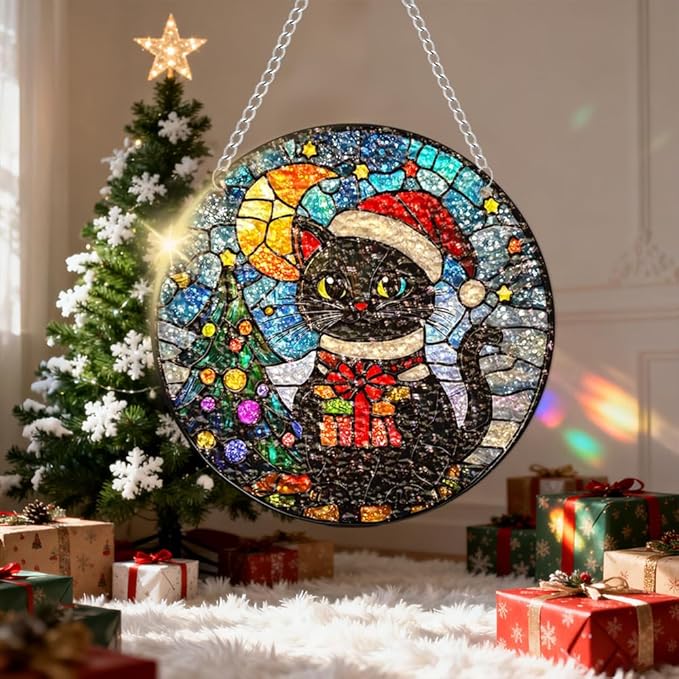 Chrismas Acrylic Stained Glass Window Hanging,Sun Catcher Decor Stained Panel Hangings Wall Art Decor, 2026 8x8inch (SCL004 Cat)