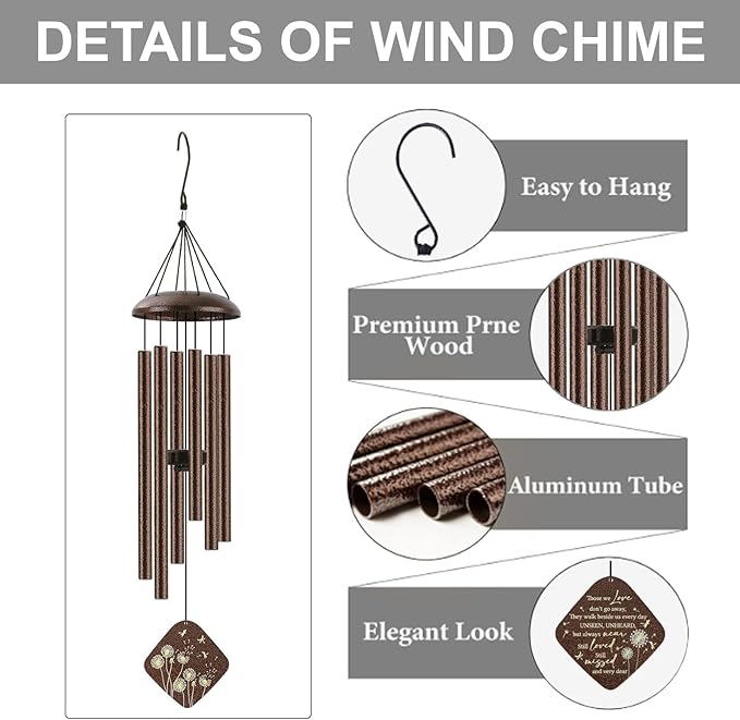 Memorial Sympathy Wind Chimes for Outside Clearance, Dragonfly Wind Chimes for Loss of Loved One Mother Father for Bereavement/Condolence/Funerary Gift Idea,32inch Bronze
