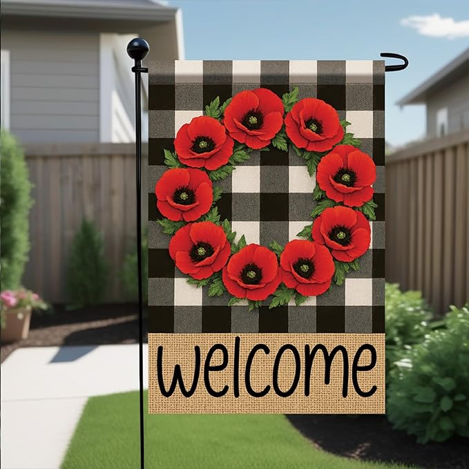Buffalo Plaid Welcome Wreath Garden Flag Red Poppy Flower Flag 12x18 Double Sided Tropical Yard Flowers Floral Decor for Spring Summer Fall Outdoor Porch Patio Lawn Farmhouse