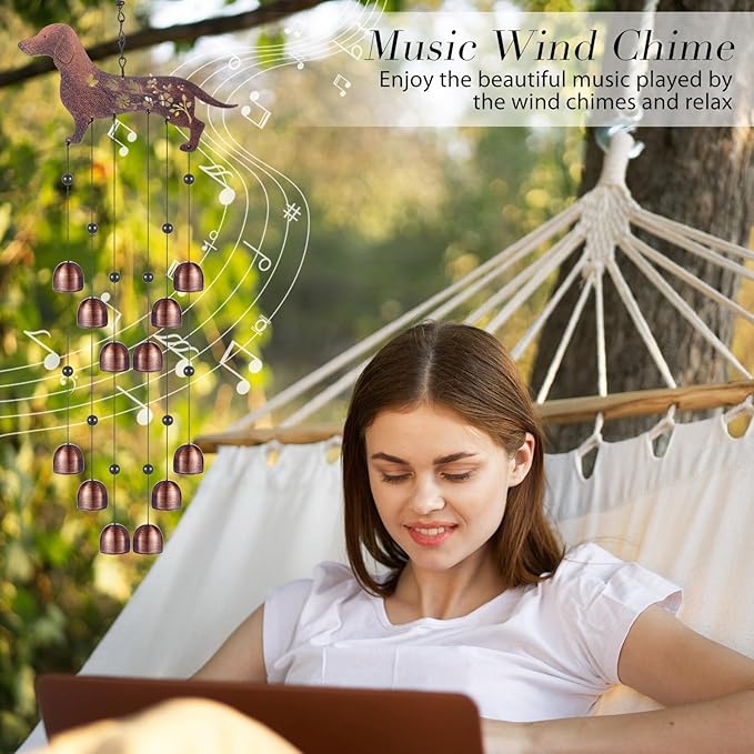 Cinnvoice 24 Inch Metal Wind Chimes Decor for Outside Garden Birthday Gift for Women Men Bronze Windchimes Pet Memorial Gift with 12 Bell for Patio Yard Lawn Housewarming Front Yard(Dachshund Dog)