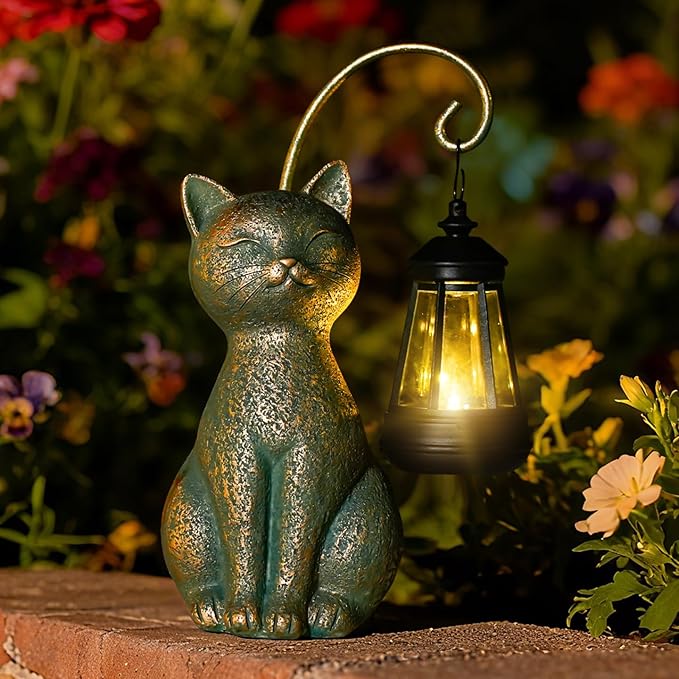 Solar Cat Garden Statue with Hanging Lantern – Waterproof Resin Outdoor Solar Cat Figurine, Decor for Yard, Patio, Balcony – Gift for Cat Lovers or Gardeners