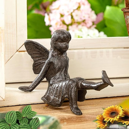 Sungmor Cast Iron Fairy Statue,3.4" Vintage Black Brown Garden Figurine,Rustic Indoor Outdoor Desk Ornament for Patio,Bookshelf Decor