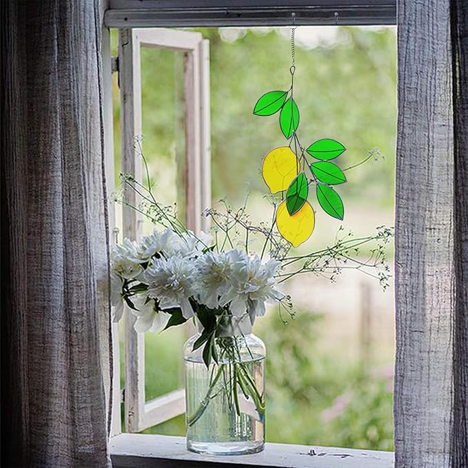 Lemon Leaf Suncatchers - Real Stained Glass Window Hangers - Sun Catchers - Indoor Window Gifts for Plant Lovers