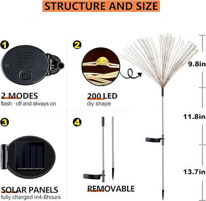 4 Pack Solar Firework Lights Outdoor, Adjustable 32" to 51" Extra Tall, Verified 200 LED Multicolor Stainless Steel 3-Section Pole, 8 Modes Waterproof Starburst Garden Lights for Yard Pathway