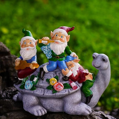 Upgraded Size Solar Garden Outdoor Statues Gnome Turtle Three Gnomes Having Party on Turtle with 7 LED Lawn Decor Outside Decorations for Patio, Balcony, Yard Ornament Unique Garden Gift