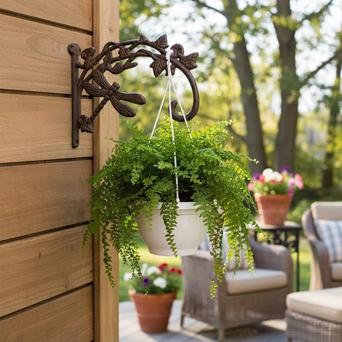 Comfy Hour 9.25" Dragonfly Decorative Plant Wall Hanger, Heavy Duty Cast Iron Wall Mount Bracket for Hanging Baskets, Bird Feeders, Lanterns & Wind Chimes, Vintage Brown, 1 Pack