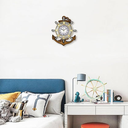 Anchor Outdoor Clock, Nautical Ship Wheel Rudder Wall Clock, Beach Sea Style Decorative Clock for Patio, Pool, Porch (Vintage+Gold+Silver)