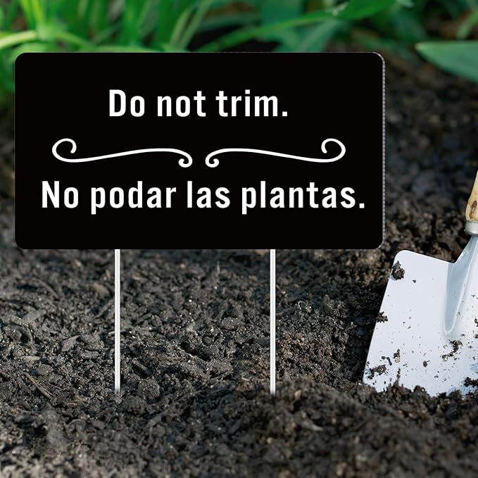Menkxi 2 Pcs Do Not Trim Yard Signs with Plastic Stakes, 9.2'' x 4.9'' Bilingual Plant Signs Outdoor PP Material Garden Markers, 11.81'' Stake (Black)
