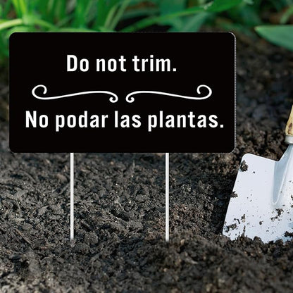 Menkxi 2 Pcs Do Not Trim Yard Signs with Plastic Stakes, 9.2'' x 4.9'' Bilingual Plant Signs Outdoor PP Material Garden Markers, 11.81'' Stake (Black)