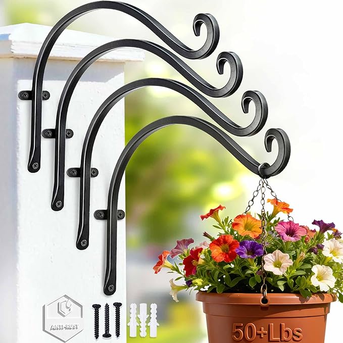 AJART Hanging Plant Hanger Outdoor: 12-Inch Metal Bird Feeder Wall Hooks - 4 Pieces Black Plant Bracket Hook for Hanging Flower Baskets