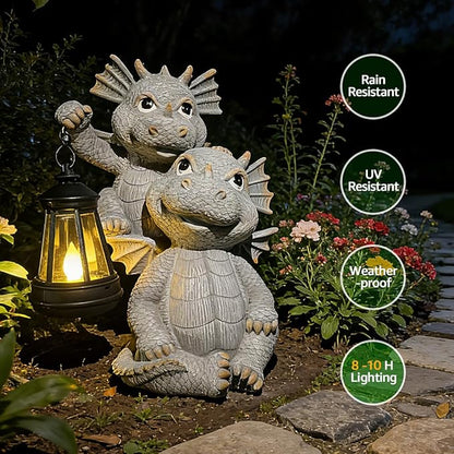 Solar Garden Outdoor Statues Lantern Figurines Light Decorations for Outdoor Patio Balcony Yard Lawn, Ideal Gifts for Mom Friends (Cement Gray- Dragon)
