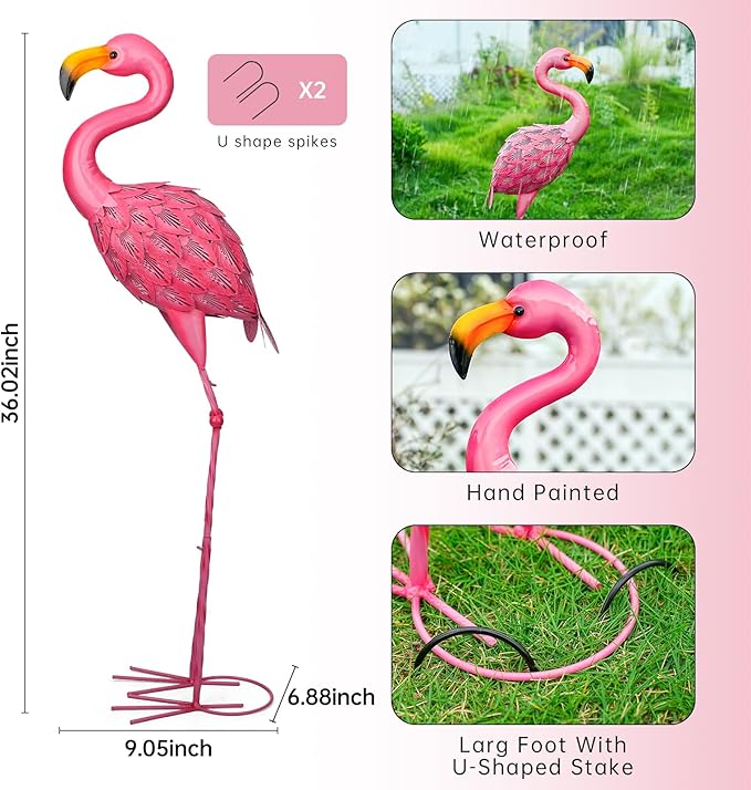 Pink Flamingo Garden Statue Outdoor Decoration, Metal Yard Art Lawn Ornament, Suitable for Backyard Pond, Patio, Porch Outdoor Decor (Large Size)
