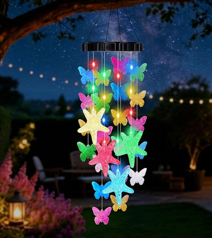 Solar Wind Chimes for Outside, Solar Powered LED Wind Chime with Butterfly, Waterproof Outdoor Decorative Wind Chime with 2 Light Modes for Patio, Garden, Yard, Porch, Gift for Grandma Mom Women Grils