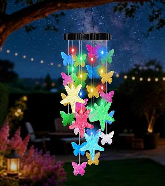Solar Wind Chimes for Outside, Solar Powered LED Wind Chime with Butterfly, Waterproof Outdoor Decorative Wind Chime with 2 Light Modes for Patio, Garden, Yard, Porch, Gift for Grandma Mom Women Grils