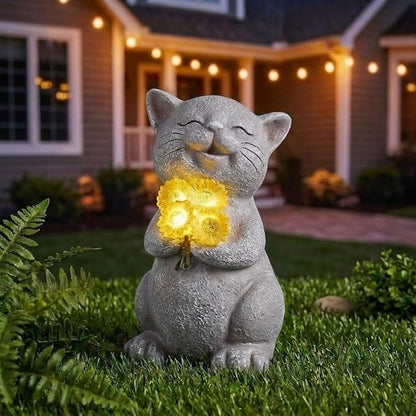 PETAFLOP Solar Cat Garden Statue with LED Sunflower, Healing Emotional Figurine Patio Balcony Yard Lawn Outdoor, Christmas Birthday Housewarming Gifts for Mom Grandma Women Cats Lover
