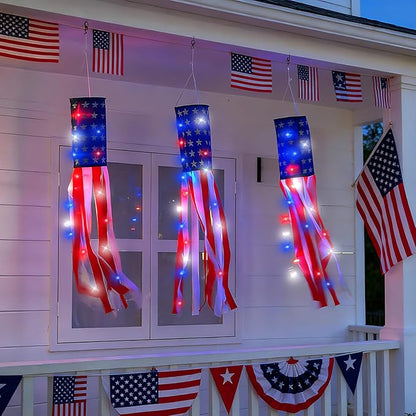 3 Pack 40" American Flag Windsock with Lights 4th of July Decorations, 250th Anniversary USA Red White Blue Star Stripes Patriotic Windsock Memorial Day Independence Day Fourth of July Outdoor Decor