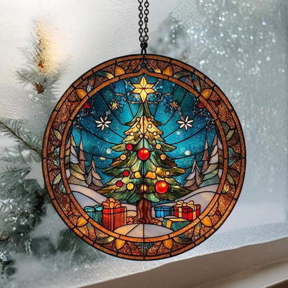 Christmas Tree Presents Acrylic Suncatcher Stained Glass Effect Window Car Hanging Christmas Ornament Indoor Outdoor Decor Garden Sun Catcher Panel for Women Mom Grandma