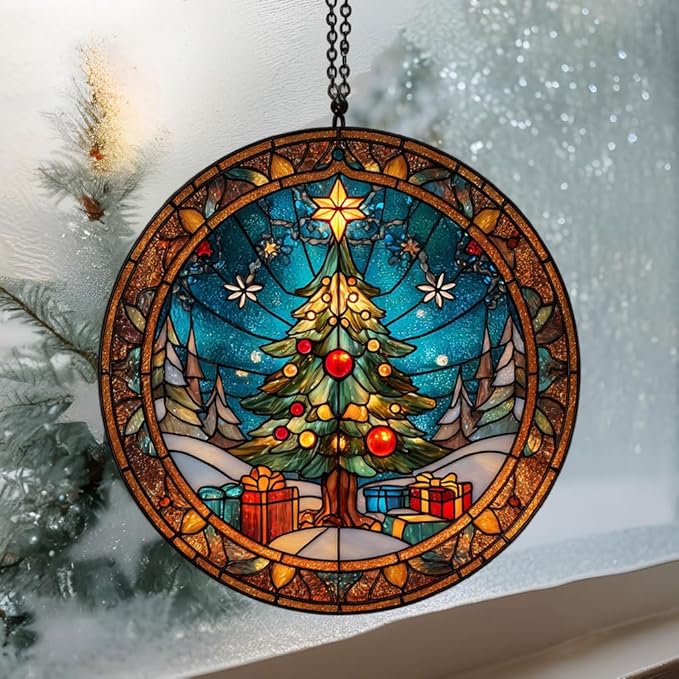 Christmas Tree Presents Acrylic Suncatcher Stained Glass Effect Window Car Hanging Christmas Ornament Indoor Outdoor Decor Garden Sun Catcher Panel for Women Mom Grandma